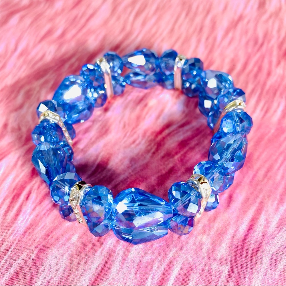 Bright blue Austrian crystal and CZ gorgeous 2 strand stretch bracelet